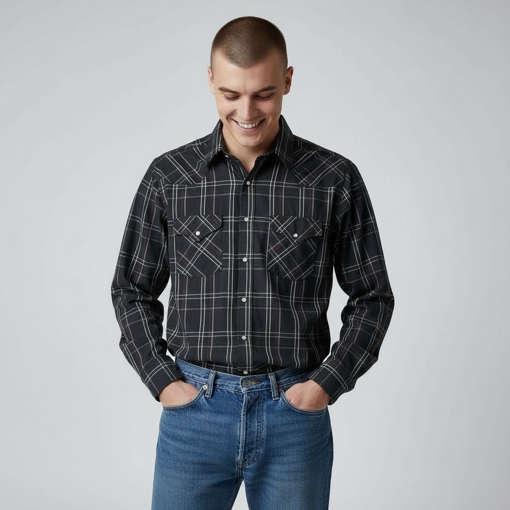 Plains Western Wear Washed-Black Plaid Cotton Long Sleeve Pearl Snap Shirt
